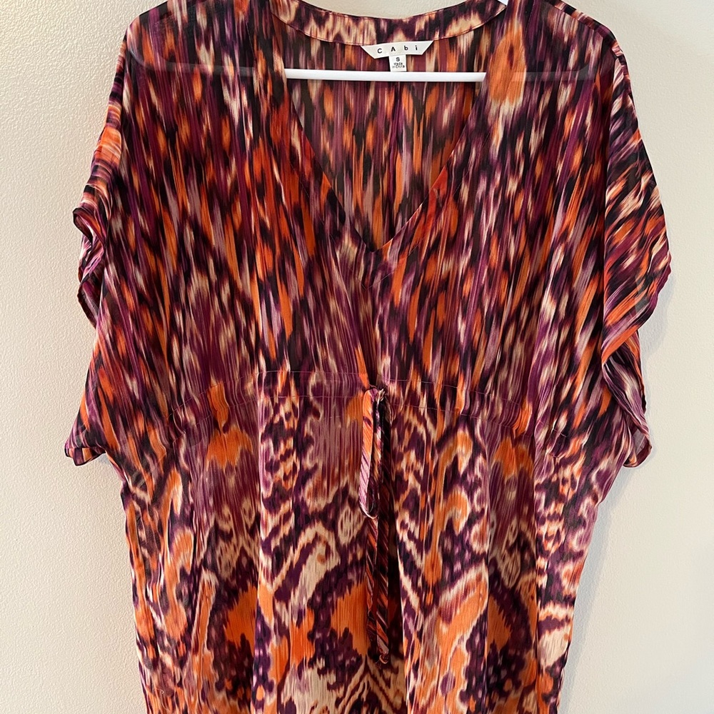 Cabi Orange Purple Semi Sheer Tie Waist V Neck Loose Fit Size Small